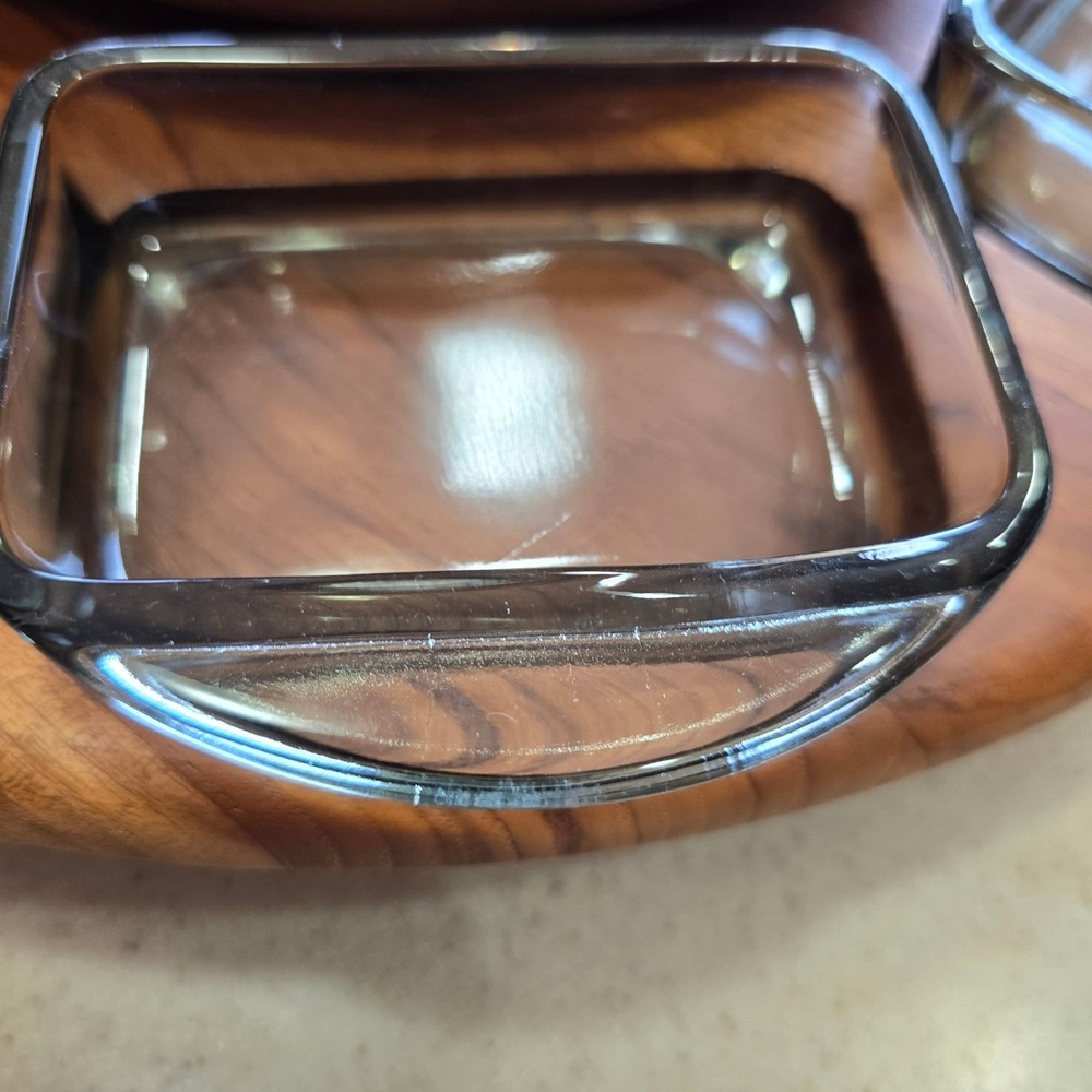 Digsmed Denmark Teak Lazy Susan 8 Smoked Glass Dishes Mid Century Modern - Picture 5 of 13